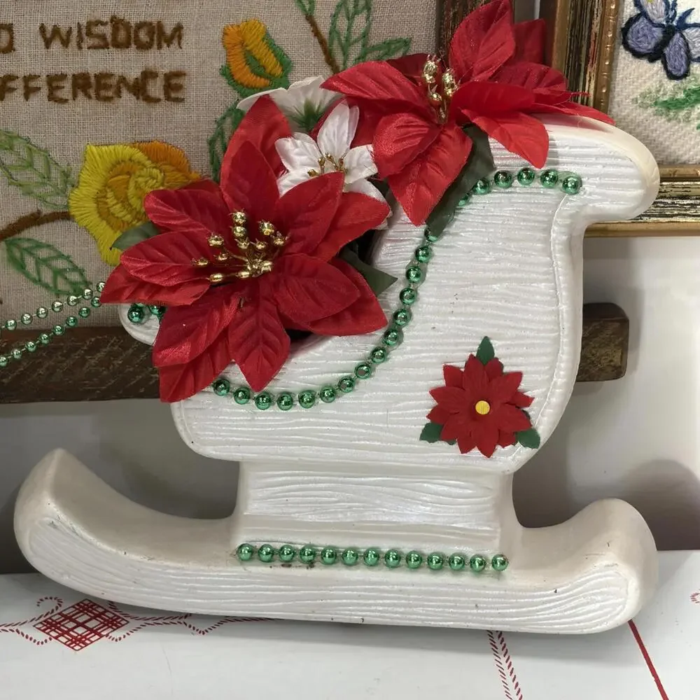 Kitsch reindeer and sleigh bisque wall plaque vintage 1990’s